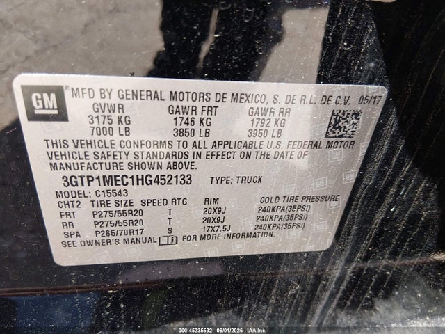 Aukcja sprzedaży 2017 Gmc Sierra 1500 Sle, vin: 3GTP1MEC1HG452133, numer aukcji: 45235532