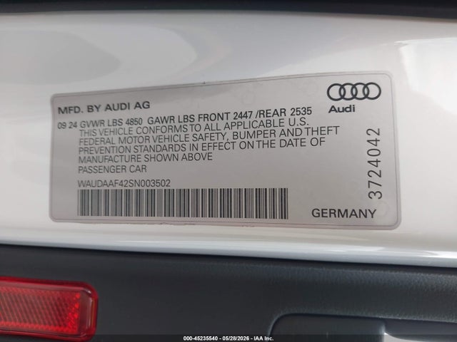 45235540 :رقم المزاد ، WAUDAAF42SN003502 vin ، 2025 Audi A4 Premium 45 Tfsi S Line Quattro S Tronic مزاد بيع