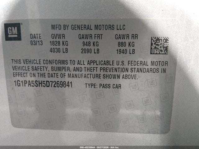 45235544 :رقم المزاد ، 1G1PA5SH5D7269841 vin ، 2013 Chevrolet Cruze Ls Auto مزاد بيع