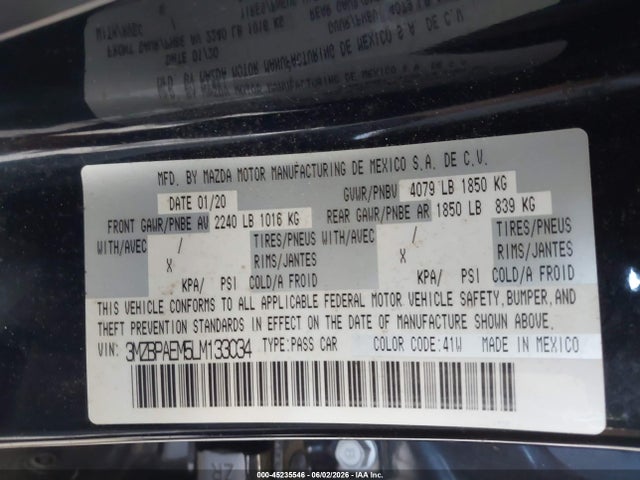 45235546 :رقم المزاد ، 3MZBPAEM5LM133034 vin ، 2020 Mazda Mazda3 Premium Package مزاد بيع