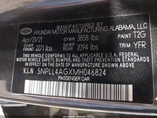 5NPLL4AGXMH046824 Hyundai ELANTRA SE