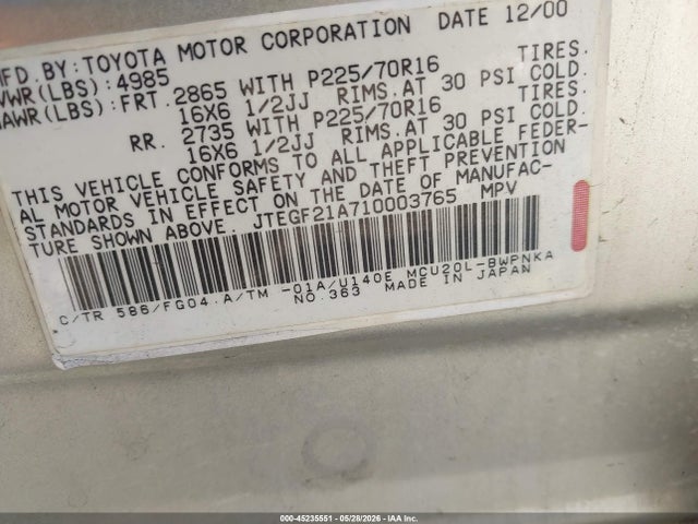 45235551 :رقم المزاد ، JTEGF21A710003765 vin ، 2001 Toyota Highlander V6 مزاد بيع