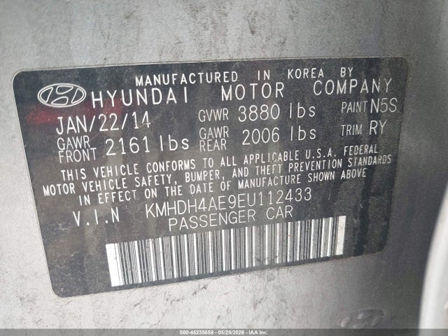 45235558 :رقم المزاد ، KMHDH4AE9EU112433 vin ، 2014 Hyundai Elantra Limited مزاد بيع