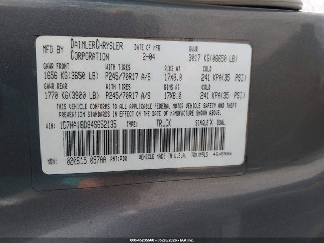 Продажа на аукционе авто 2004 Dodge Ram 1500 Slt/laramie, vin: 1D7HA18D84S652135, номер лота: 45235560