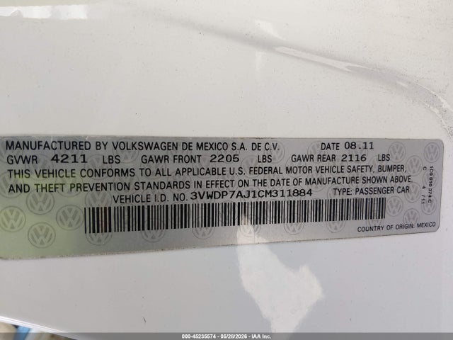 Aukcja sprzedaży 2012 Volkswagen Jetta 2.5l Se, vin: 3VWDP7AJ1CM311884, numer aukcji: 45235574