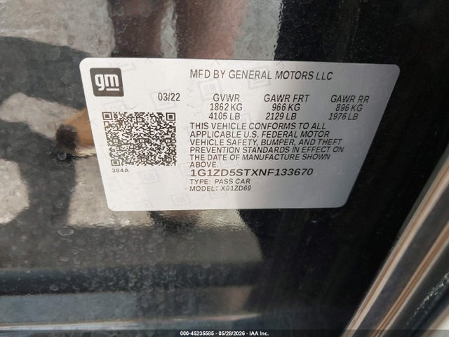 Продажа на аукционе авто 2022 Chevrolet Malibu Fwd Lt, vin: 1G1ZD5STXNF133670, номер лота: 45235585