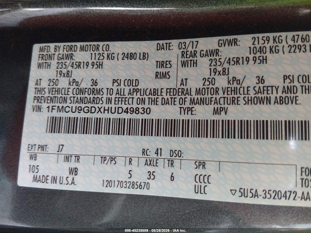 Ford ESCAPE SE 2017 1FMCU9GDXHUD49830 Image 9