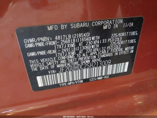 45235594 :رقم المزاد ، JF2GUHDC2SH213009 vin ، 2025 Subaru Crosstrek Premium مزاد بيع