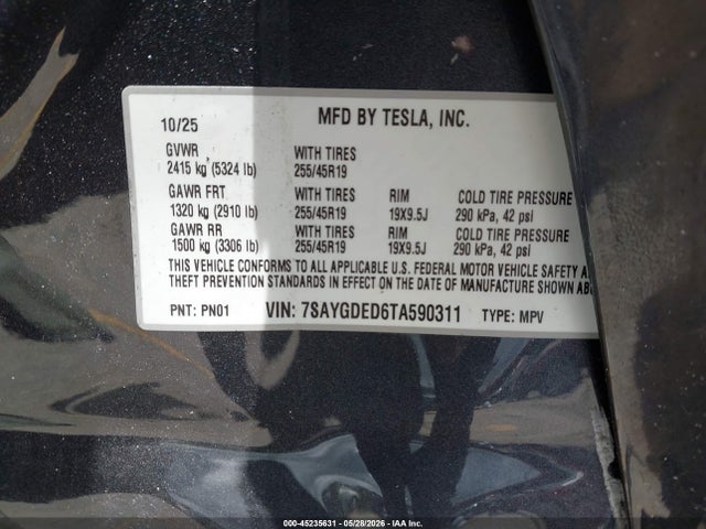 Продаж на аукціоні авто 2026 Tesla Model Y Premium Rear-wheel Drive/rear-wheel Drive, vin: 7SAYGDED6TA590311, номер лоту: 45235631
