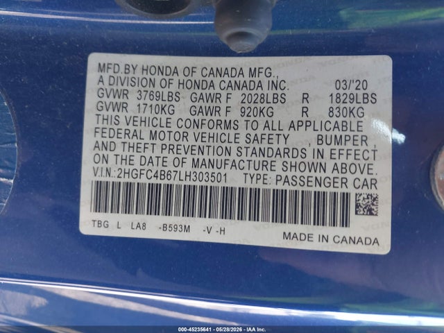 45235641 :رقم المزاد ، 2HGFC4B67LH303501 vin ، 2020 Honda Civic Lx مزاد بيع