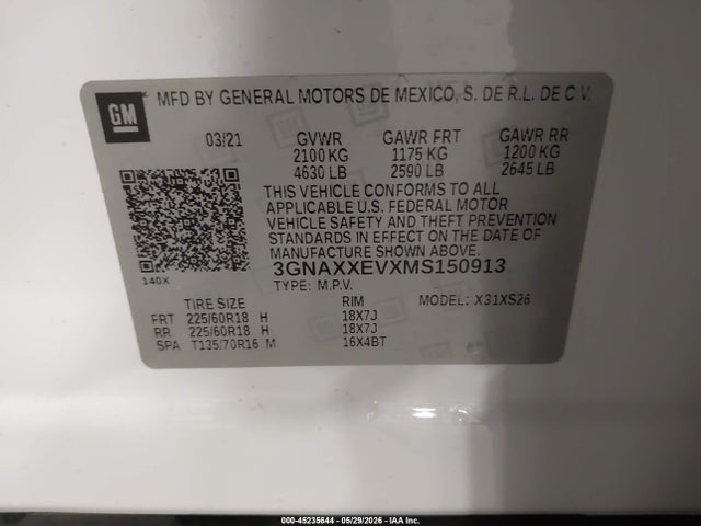45235644 :رقم المزاد ، 3GNAXXEVXMS150913 vin ، 2021 Chevrolet Equinox Awd Premier مزاد بيع