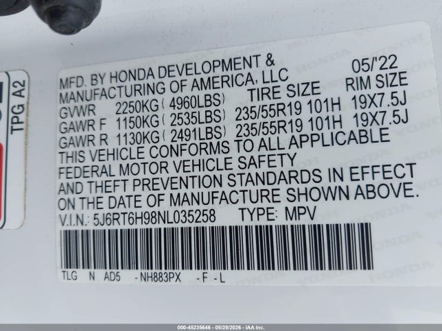 5J6RT6H98NL035258 Honda Cr-v Hybrid Touring