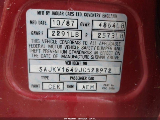 Aukcja sprzedaży 1988 Jaguar Vandenplas, vin: SAJKV1649JC528972, numer aukcji: 45235658