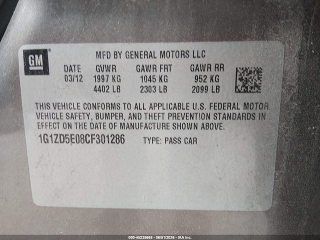 2012 Chevrolet Malibu 2lt მანქანა იყიდება აუქციონზე, vin: 1G1ZD5E08CF301286, აუქციონის ნომერი: 45235668