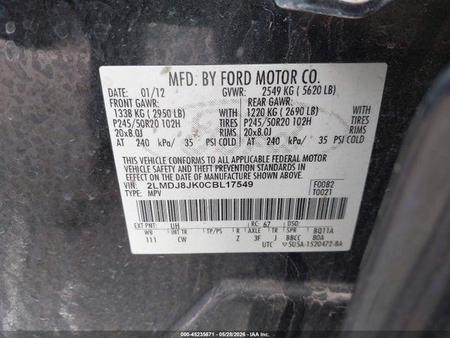 45235671 :رقم المزاد ، 2LMDJ8JK0CBL17549 vin ، 2012 Lincoln Mkx مزاد بيع