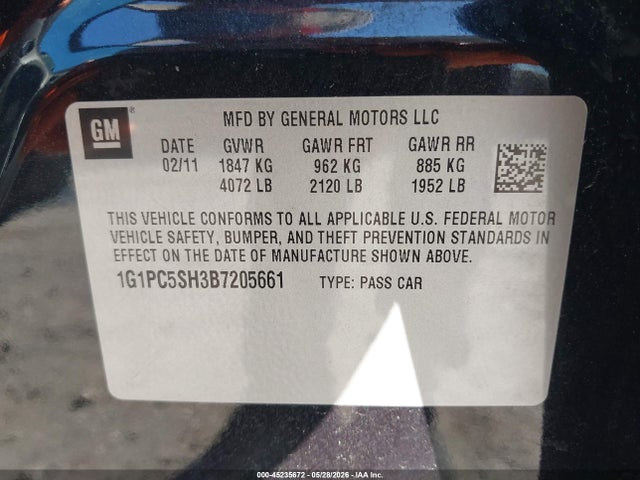Продажа на аукционе авто 2011 Chevrolet Cruze Ls, vin: 1G1PC5SH3B7205661, номер лота: 45235672