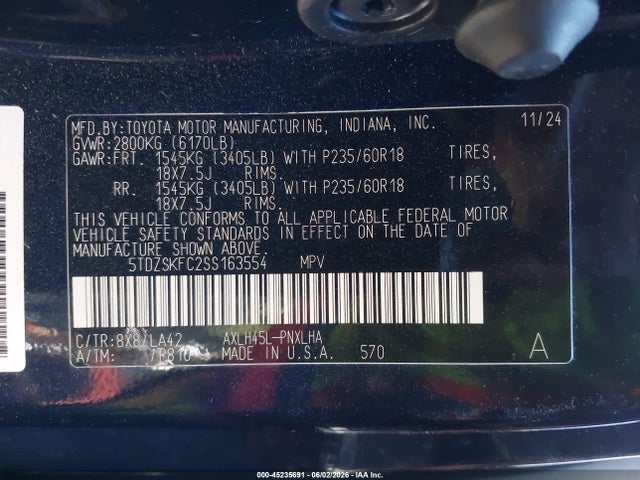 45235691 :رقم المزاد ، 5TDZSKFC2SS163554 vin ، 2025 Toyota Sienna Limited مزاد بيع
