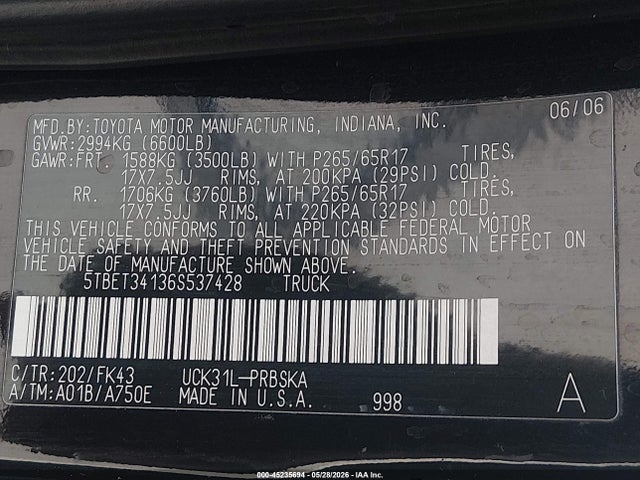 Aukcja sprzedaży 2006 Toyota Tundra Sr5 V8, vin: 5TBET34136S537428, numer aukcji: 45235694