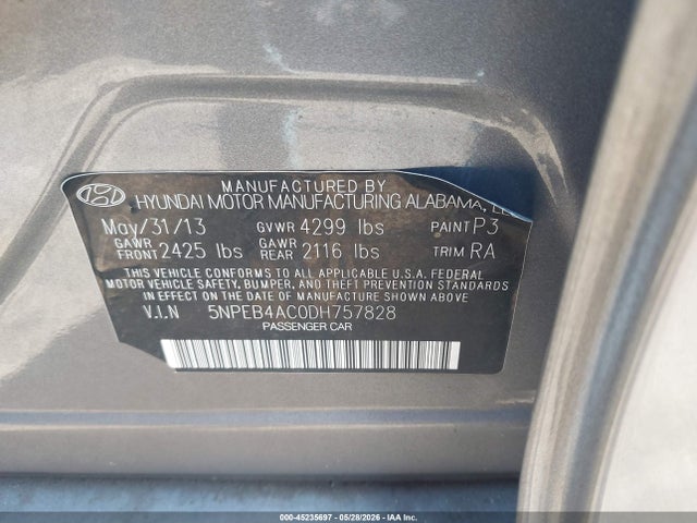 2013 Hyundai Sonata Gls მანქანა იყიდება აუქციონზე, vin: 5NPEB4AC0DH757828, აუქციონის ნომერი: 45235697