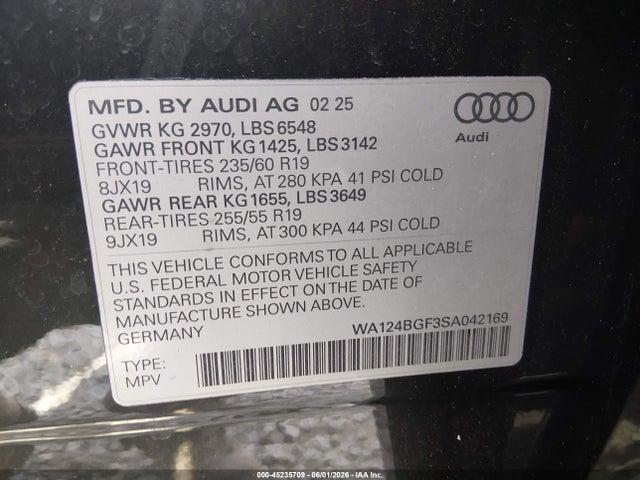 Aukcja sprzedaży 2025 Audi Q6 E-tron Premium Plus Quattro, vin: WA124BGF3SA042169, numer aukcji: 45235709