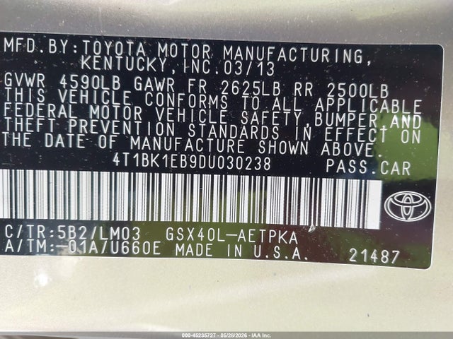 45235727 :رقم المزاد ، 4T1BK1EB9DU030238 vin ، 2013 Toyota Avalon Limited مزاد بيع
