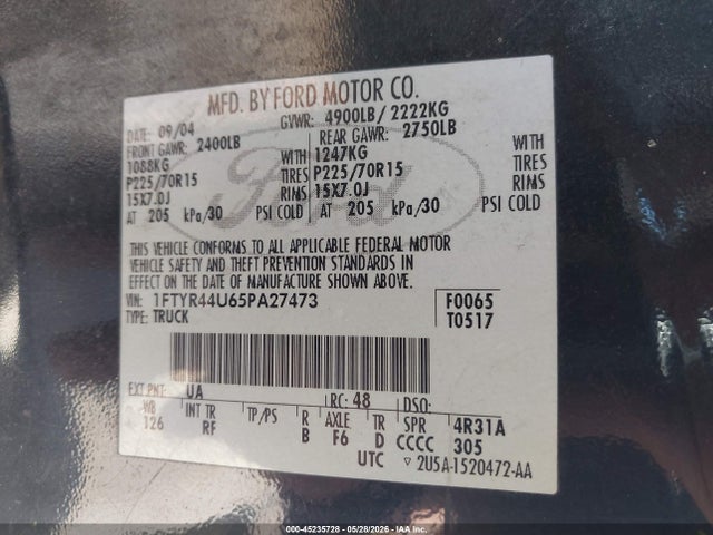 45235728 :رقم المزاد ، 1FTYR44U65PA27473 vin ، 2005 Ford Ranger Edge/stx/xlt مزاد بيع