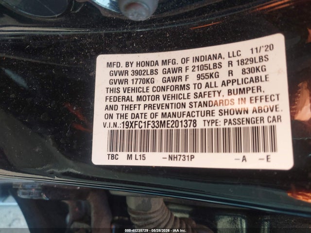 Honda CIVIC EX 2021 19XFC1F33ME201378 Image 9