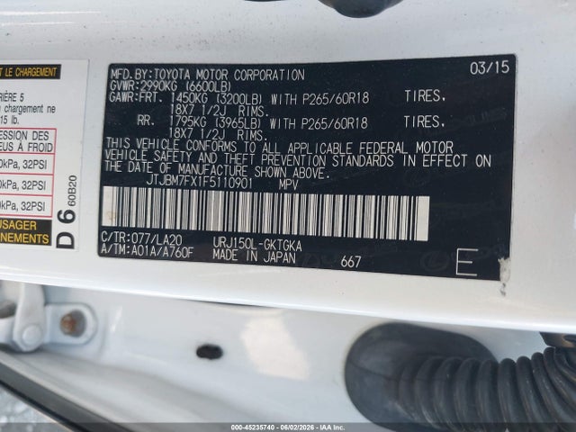 45235740 :رقم المزاد ، JTJBM7FX1F5110901 vin ، 2015 Lexus Gx 460 مزاد بيع