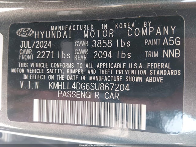 45235774 :رقم المزاد ، KMHLL4DG6SU867204 vin ، 2025 Hyundai Elantra Se مزاد بيع