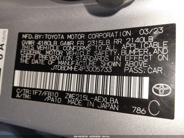 2023 Toyota Corolla Hybrid Le მანქანა იყიდება აუქციონზე, vin: JTDBDMHE4P3005733, აუქციონის ნომერი: 45235785