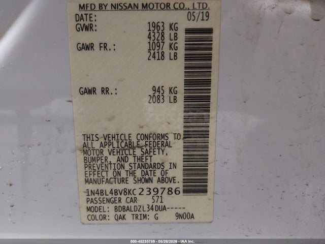 Продаж на аукціоні авто 2019 Nissan Altima 2.5 S, vin: 1N4BL4BV8KC239786, номер лоту: 45235789