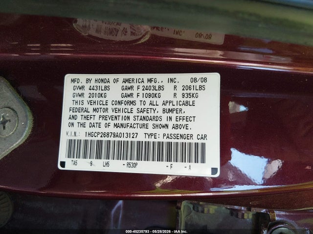 45235793 :رقم المزاد ، 1HGCP26879A013127 vin ، 2009 Honda Accord 2.4 Ex-l مزاد بيع