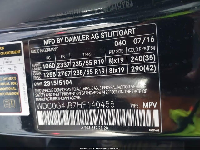 Aukcja sprzedaży 2017 Mercedes-benz Glc 300, vin: WDC0G4JB7HF140455, numer aukcji: 45235795
