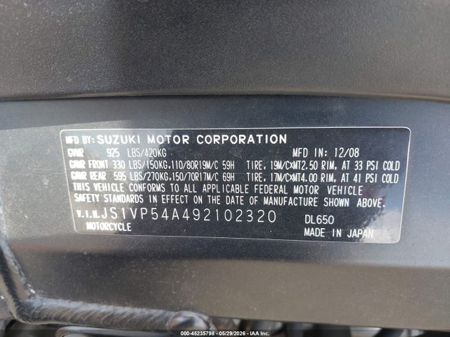 Aukcja sprzedaży 2009 Suzuki Dl650, vin: JS1VP54A492102320, numer aukcji: 45235798