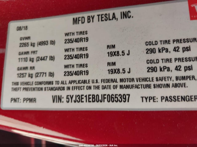Tesla Model 3 Long Range/performance 2018 5YJ3E1EB0JF065397 Image 9