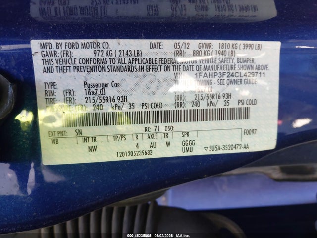 Aukcja sprzedaży 2012 Ford Focus Se, vin: 1FAHP3F24CL429711, numer aukcji: 45235805