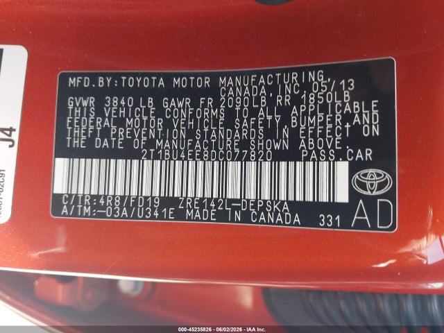45235826 :رقم المزاد ، 2T1BU4EE8DC077820 vin ، 2013 Toyota Corolla S Special Edition مزاد بيع