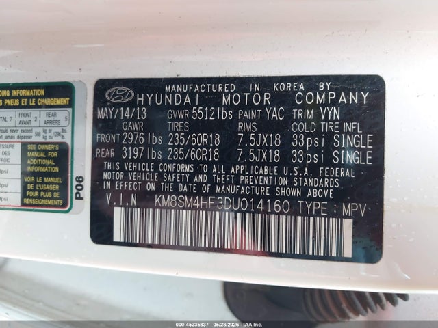 Продажа на аукционе авто 2013 Hyundai Santa Fe Gls, vin: KM8SM4HF3DU014160, номер лота: 45235837