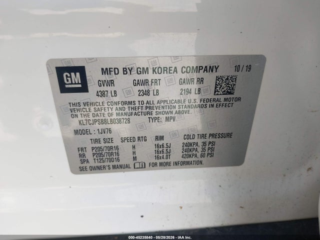 2020 Chevrolet Trax Awd Lt მანქანა იყიდება აუქციონზე, vin: KL7CJPSB8LB038728, აუქციონის ნომერი: 45235840