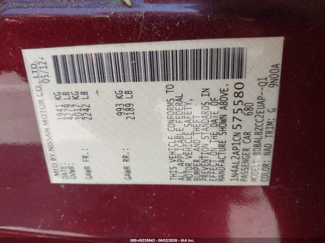 Продаж на аукціоні авто 2012 Nissan Altima 2.5 S, vin: 1N4AL2AP1CN575580, номер лоту: 45235842