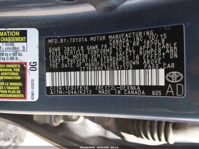 Aukcja sprzedaży 2016 Toyota Corolla Le, vin: 2T1BURHE1GC547179, numer aukcji: 45235846
