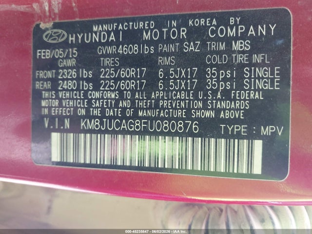 Aukcja sprzedaży 2015 Hyundai Tucson Se, vin: KM8JUCAG8FU080876, numer aukcji: 45235847