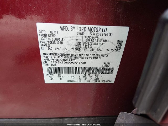 45235853 :رقم المزاد ، 1FM5K7D80DGA16720 vin ، 2013 Ford Explorer Xlt مزاد بيع