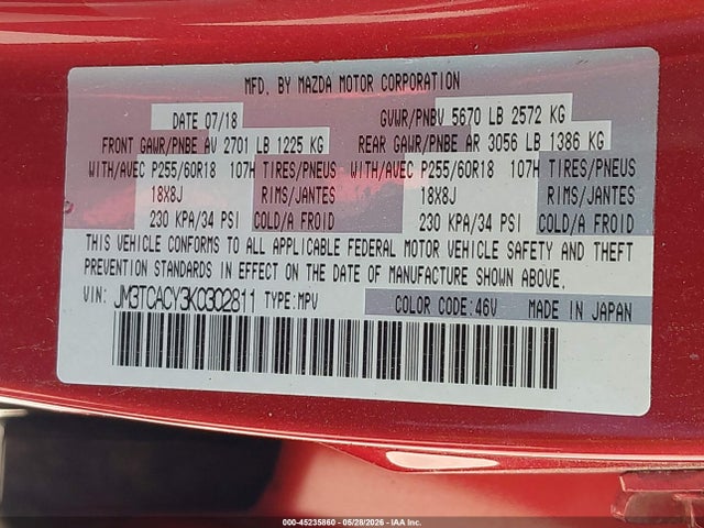 45235860 :رقم المزاد ، JM3TCACY3K0302811 vin ، 2019 Mazda Cx-9 Touring مزاد بيع