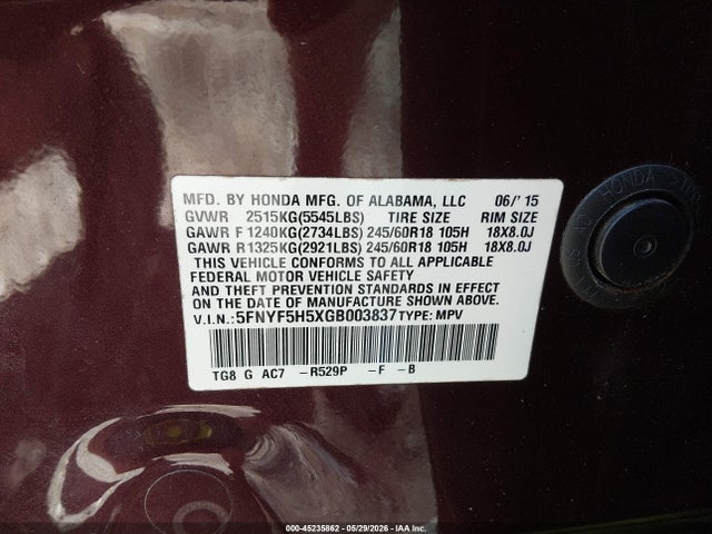 Aukcja sprzedaży 2016 Honda Pilot Ex-l, vin: 5FNYF5H5XGB003837, numer aukcji: 45235862