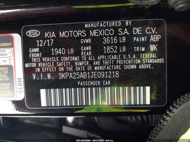 3KPA25AB1JE091218 KIA RIO S