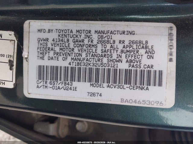 Auction sale of the 2002 Toyota Camry Le, vin: 4T1BE32K32U503121, lot number: 45235875