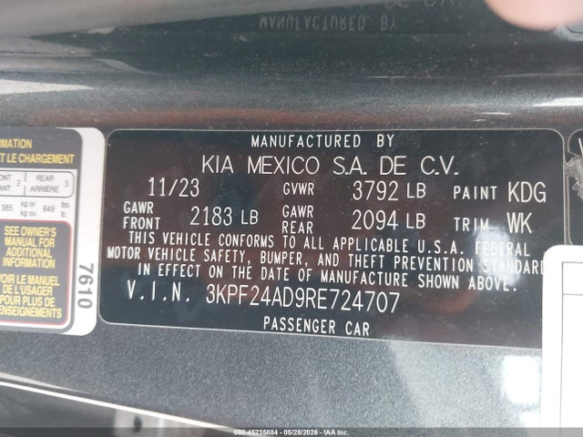 Aukcja sprzedaży 2024 Kia Forte Lxs, vin: 3KPF24AD9RE724707, numer aukcji: 45235884