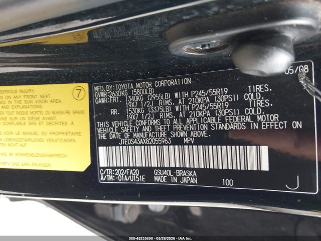 45235898 :رقم المزاد ، JTEDS43AX82055963 vin ، 2008 Toyota Highlander Sport مزاد بيع