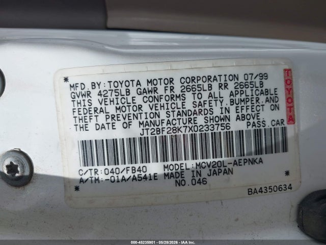 45235901 :رقم المزاد ، JT2BF28K7X0233756 vin ، 1999 Toyota Camry Le V6 مزاد بيع